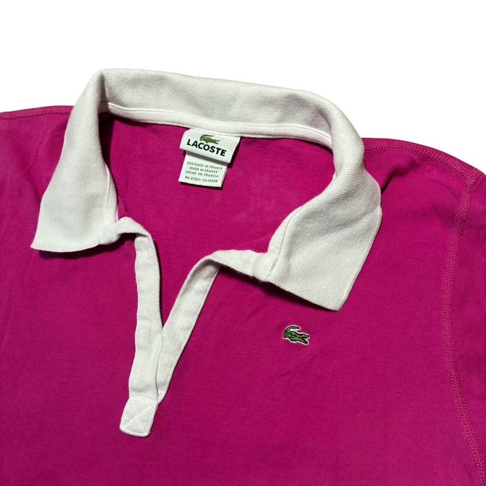 Vintage Lacoste Womens Pink Short Sleeve V-Neck Polo Shirt White Collar preppy